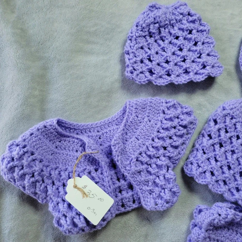Handmade Purple Crochet Baby Girl 4pc Set Dress Cardigan Hat Diaper Cover 0-3M